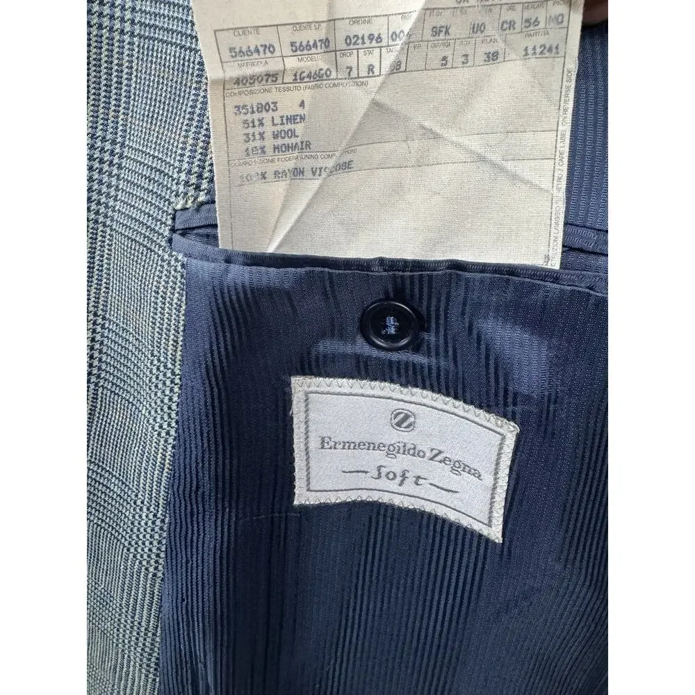 Ermenegildo Zegna Soft Blue Tan Glen Plaid Linen Wool Mohair Sport Coat 46R 56IT